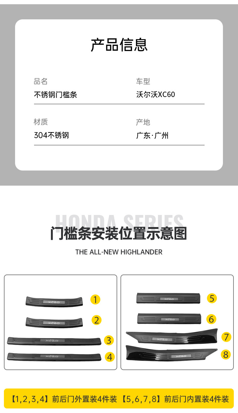 Suitable for 18-26 Models of Volvo Xc60 Door Sill Strips Modified with Stainless Steel Welcome Pedal Trim Accessories
