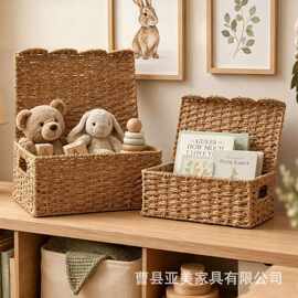 家用翻盖式儿童玩偶收纳筐手工编织花边书籍整理筐可手提杂物筐