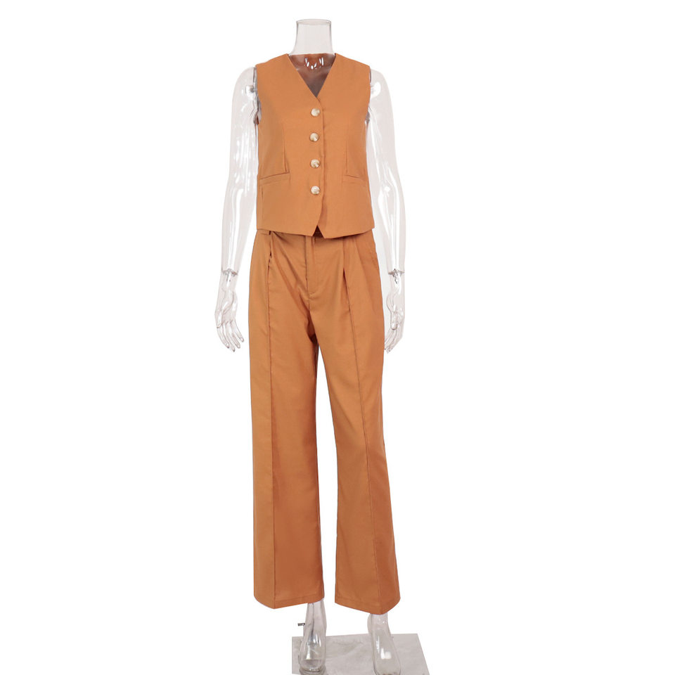 Bộ vest nữ hai mảnh áo vest không tay kèm quần cạp thấp phong cách hiện đại — Kaki, Màu cam, Màu đen chi tiết 6