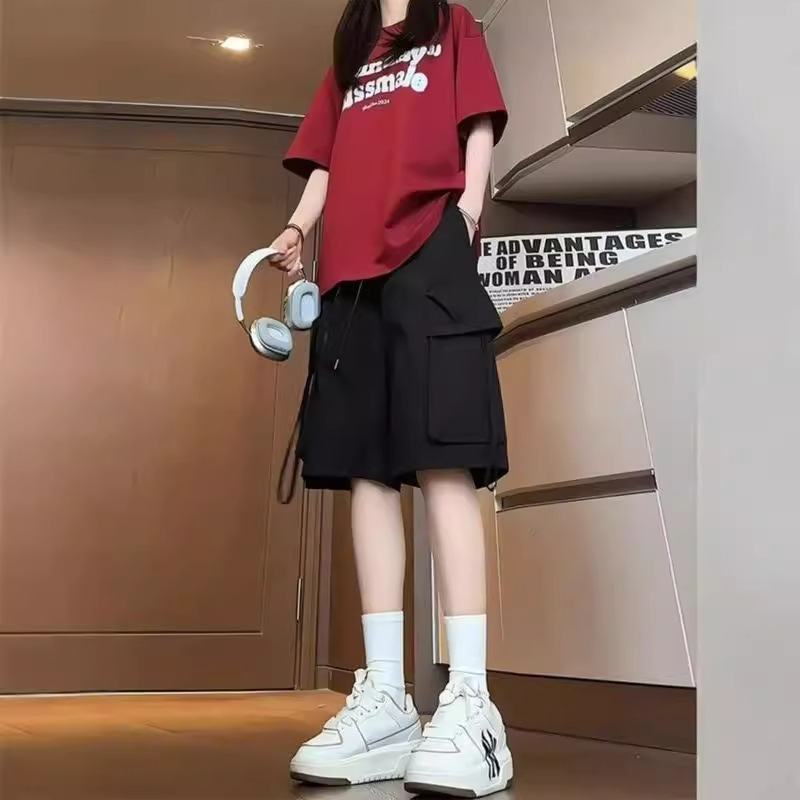 夏用薄い黒のアイスシルク速乾性登山カーゴショーツ、男性と女性用、機能的なルーズトレンディなブランドの5点パンツ|undefined