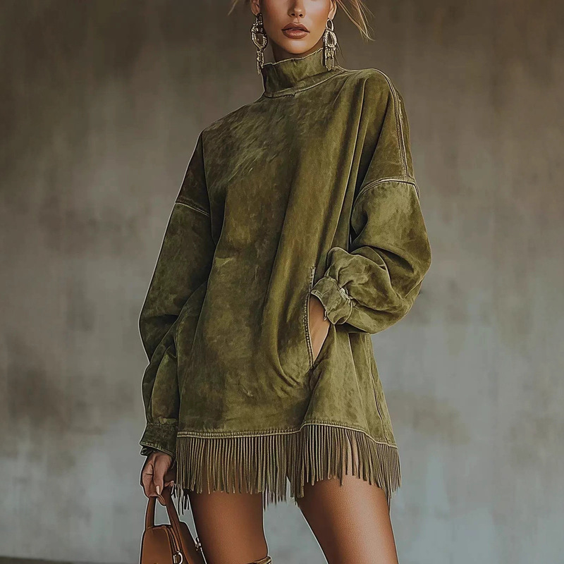 2025 New Amazon Independent Site European and American Autumn and Winter High-Neck Loose Pocket Tassel Long-Sleeve Suede Dress