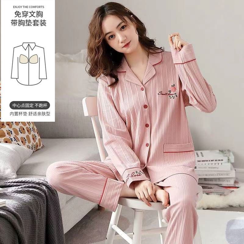 Pijama con cojín de pecho para mujeres primavera y otoño mangas largas 2023 nuevo conjunto de ropa de casa de otoño para mujeres