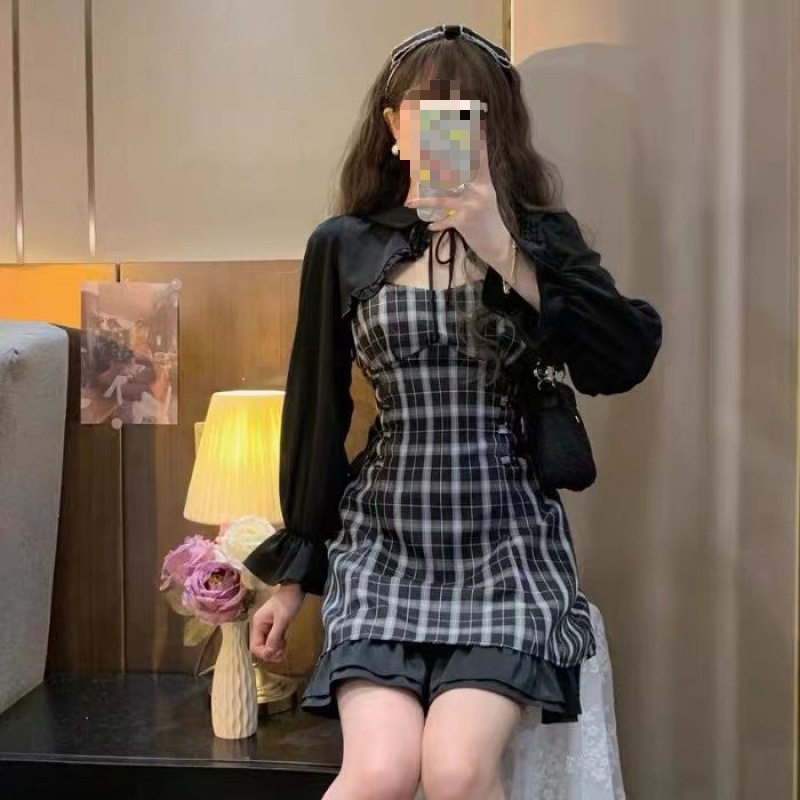 2023 봄 새로운 대형 여성 의류 통통녀 흑백 격자 슬링 원피스 타이트한 허리 슬리밍 러플 A 라인 스커트