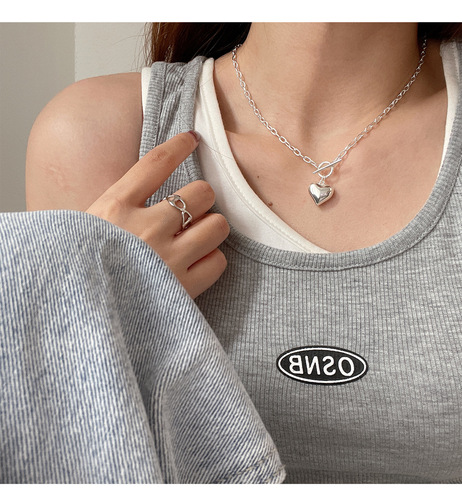 Korean Version 925 Silver 3D Heart OT Pendant Necklace for Women, Retro Fashion, Elegant Hip-Hop Peach Heart Clavicle Chain, Literary Trend