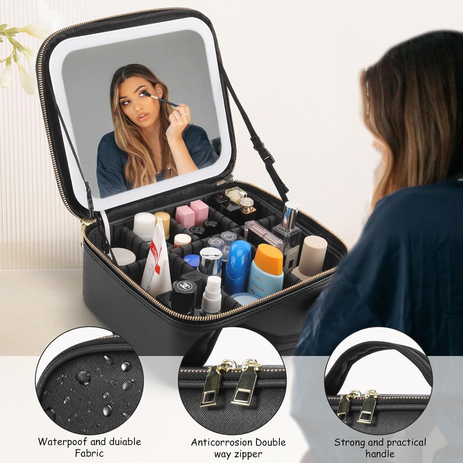 Bolso cosmético explosivo transfronterizo venta directa de fábrica espejo cosmético caja de almacenamiento lámpara led bolsa de belleza de gran capacidad a partir de una pieza