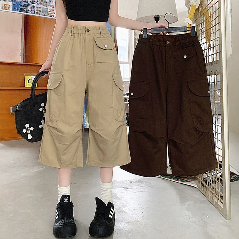 Washed cotton loose-fitting American-style work pants for petite women, casual cropped wide-leg pants, thin summer trousers for women