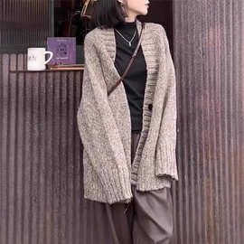 慵懒风灰色马海毛针织开衫女秋冬中长款宽松羊毛毛衣外套25新款