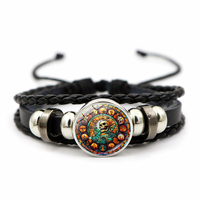 Pulseira de couro em torno do castelo de Halloween, corda de mão com contas de tecelagem masculina, festival fantasma, joias de cabeça de caveira_voghion.com
