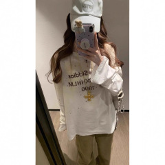 【自家工厂现货】白色字母烫钻印花长袖T恤女秋季宽松防晒罩上衣
