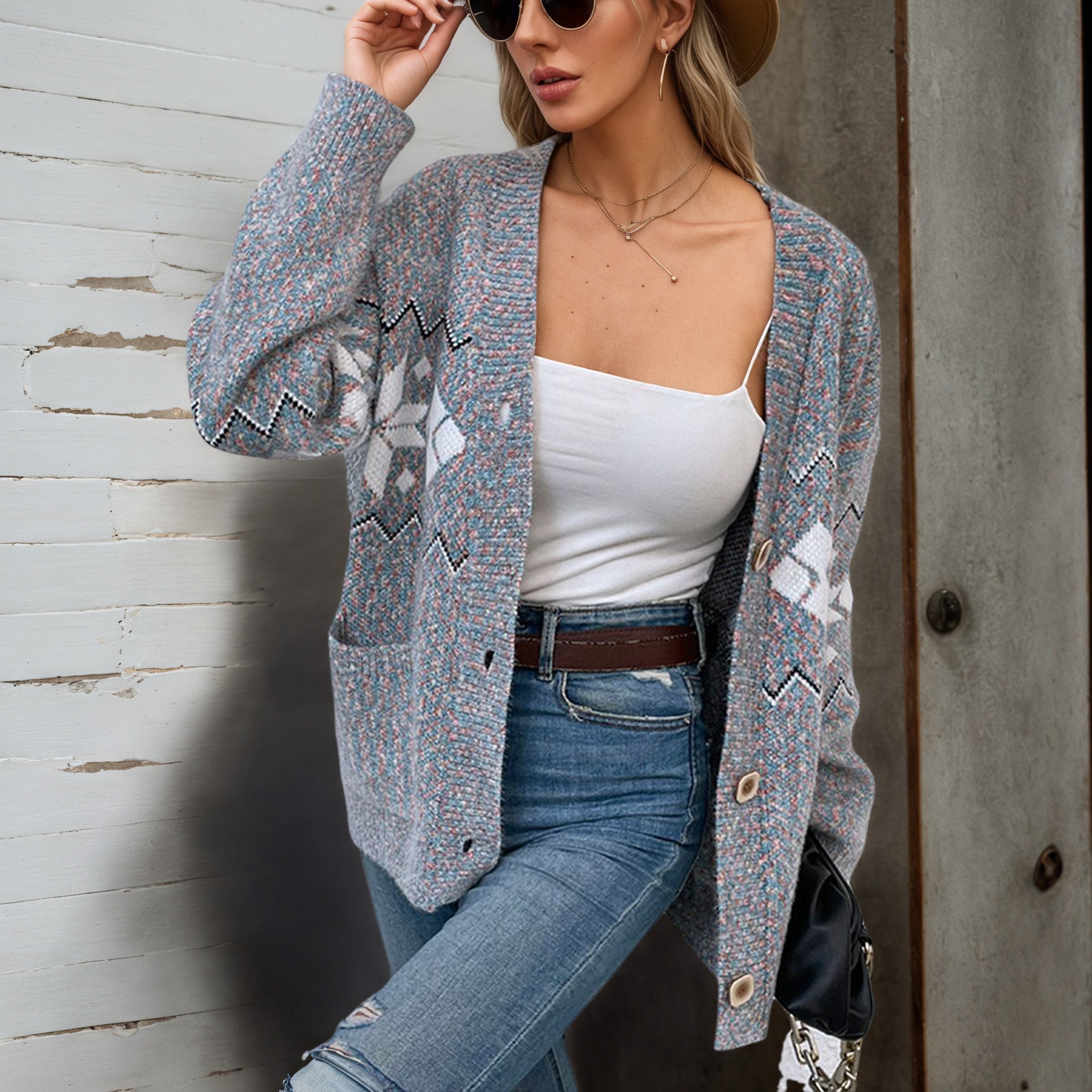 Women's V-Neck Snowflake Jacquard Cardigan – Soft Chenille Knit Sweater With Button Front, Cozy Oversized Pullover For Fall & Winter_voghion.com