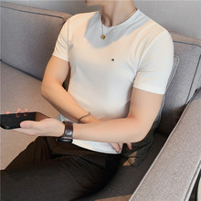 2021夏季新款男士男装修身休闲滑料圆领纯色刺绣冰丝短袖T恤衫潮