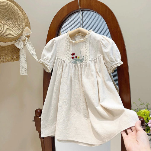 Girls' Dress with Embroidered Floral Short Sleeve Lace Dress Princess Dress 2024 Summer New Model Foreign Trade Children's Clothing Distribution