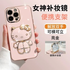 Kt猫携帯電話スタンド鏡付き電気メッキ漫画バックステッカーデスクトップスタンドかわいい女の子回転ポータブル