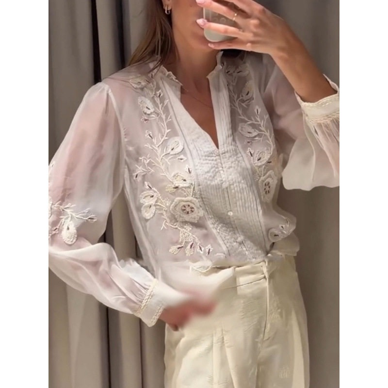 In stock - Simple style hollow-out fashion transparent sheer shirt top, new autumn 2026 model, cross-border European and American style In stock - Simple style hollow-out fashion transparent sheer shirt top, new autumn 2026 model, cross-border European and American style