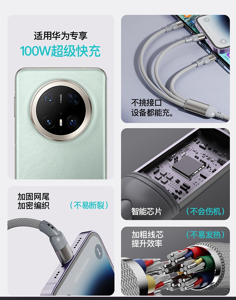 100W İkiye Üçlü Süper Hızlı Şarj Veri Kablosu Üçü Bir Arada Metal Huawei Apple Örgülü Hediye Şarj Kablosu
