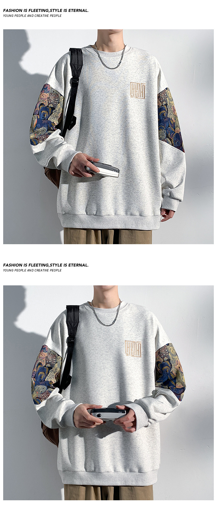 Schweres Herren Crewneck Sweatshirt Mit Bären Stickerei Pullover_voghion.com
