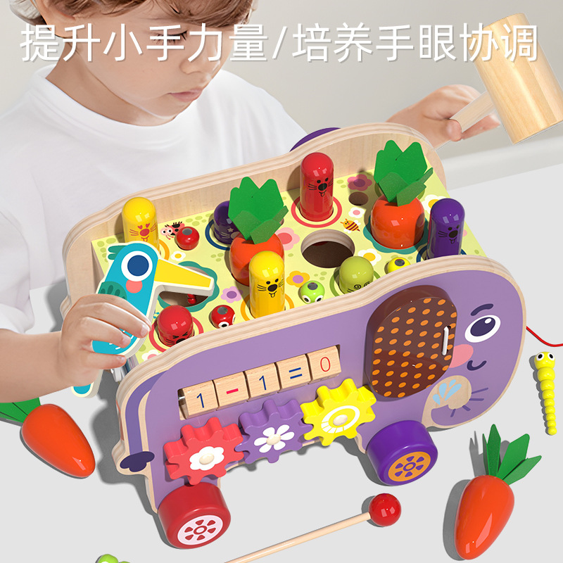 Juguetes multifuncionales para niños elefantes tocando piano arrastrando martillo golpeando pareja de juguetes de madera interactivos padres e hijos