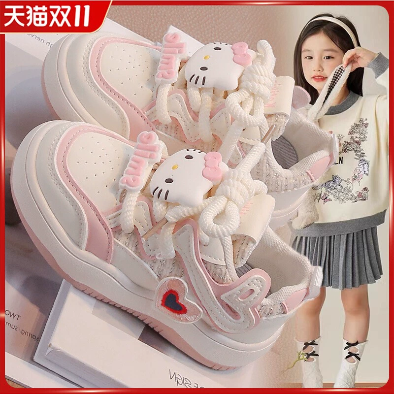 Корейская версия 2024 осенних девочек низкоуровневый KT Cat Bounces Нескользящие липучки повседневная обувь студенческая обувь кожаная лапша принцесса прилив