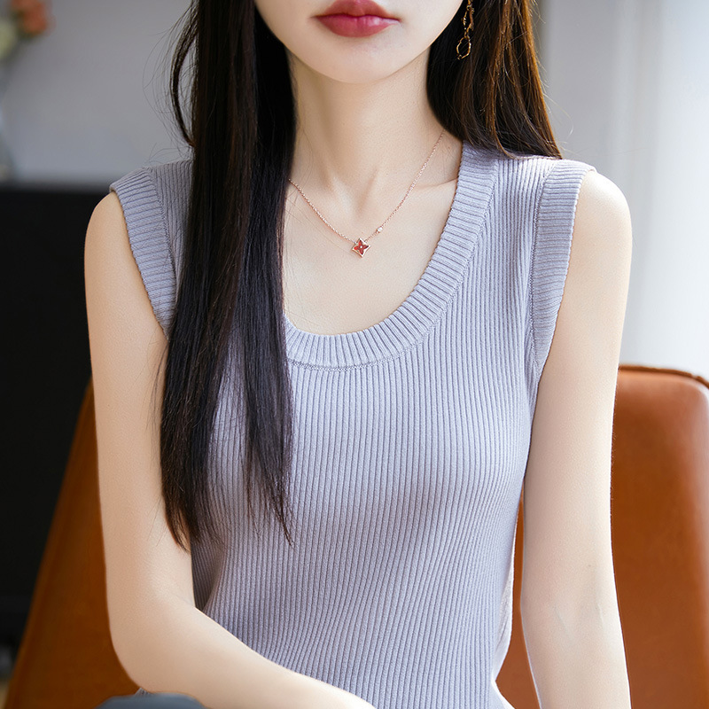 2025 Summer New Ice Silk U-Neck Knitted Sleeveless Vest for Women, Solid Color Striped Pullover, Versatile Base Shirt