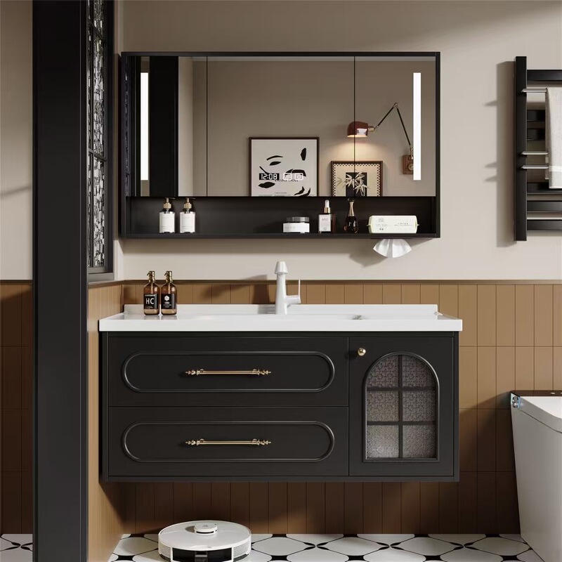 French-Style Oak Door Retro Bathroom Cabinet Set with Integrated Sink, Washbasin, and Ceramic Bathroom Cabinet