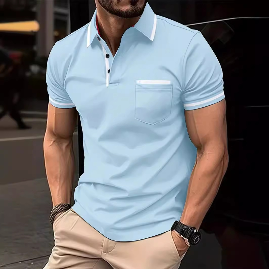 Polo Monochrome Man - Patchwork de poche pour le commerce extérieur, style européen et américain, col rabattu, décontracté au quotidien._voghion.com