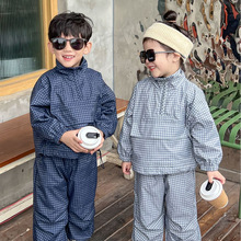 韩国儿童冲锋衣套装秋冬加绒加厚男童格子立领套头外套束脚裤长裤