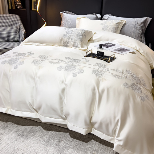 Spring and summer new 60-count snow lotus ice silk four-piece set embroidered washed cold feeling silky quilt cover live delivery