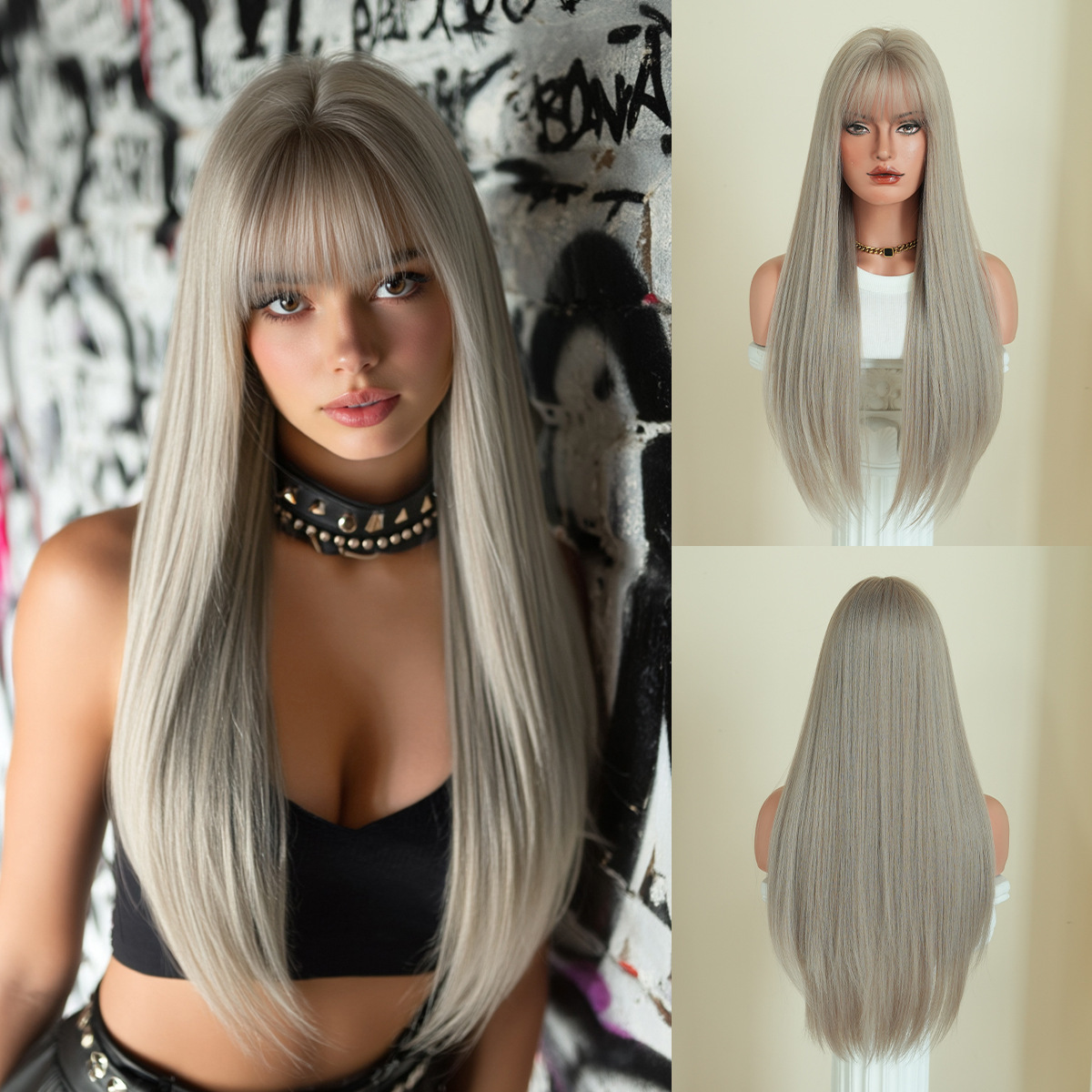 Peruca de moda femenina cara redonda capa de cabello recto super largo cabello negro completo peluca de alta calidad fibra química cubierta de cabeza