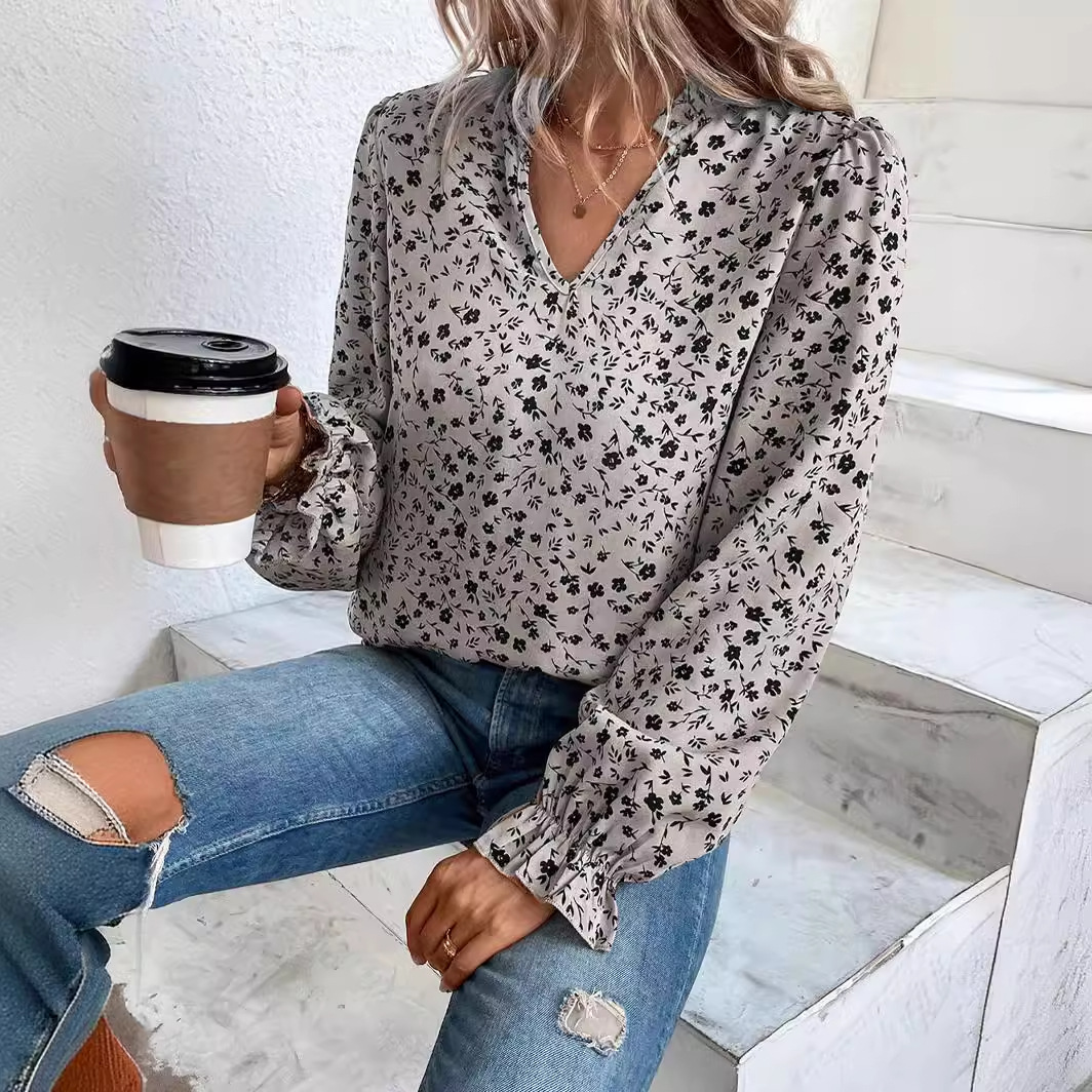 Oferta especial para exportación: Camisa estampada de manga larga con volantes y cuello en V, estilo floral, para mujer, de otoño, para Amazon y eBay.