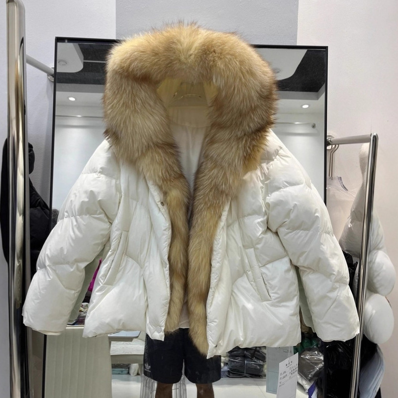 欧货2025冬新款狐狸大毛领连帽羽绒服女短款时尚宽松加厚保暖外套|undefined