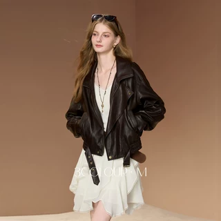 2026初秋季新款翻领PU皮外套夹克美拉德色皮衣拉链机车服女M