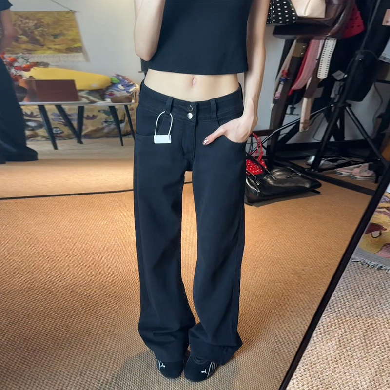 Retro black double-waistband flared jeans for women, 2026 autumn new style, low-waist, non-tight-fitting straight-leg bell-bottom pants Retro black double-waistband flared jeans for women, 2026 autumn new style, low-waist, non-tight-fitting straight-leg bell-bottom pants