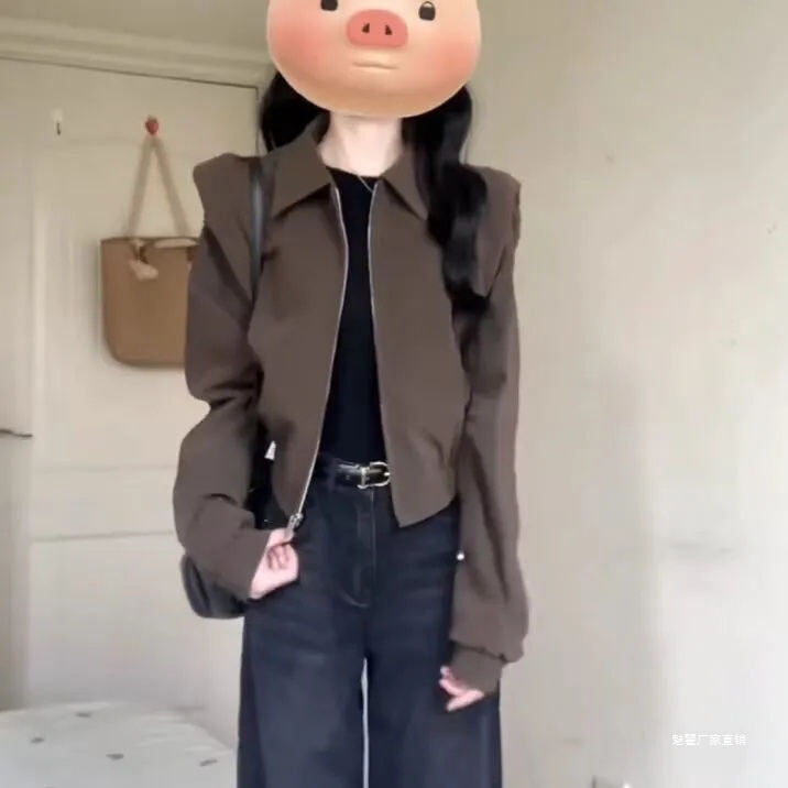 美拉德穿搭深棕色正肩夹克短外套女秋冬新款宽松褶皱抽绳垫肩上衣|undefined