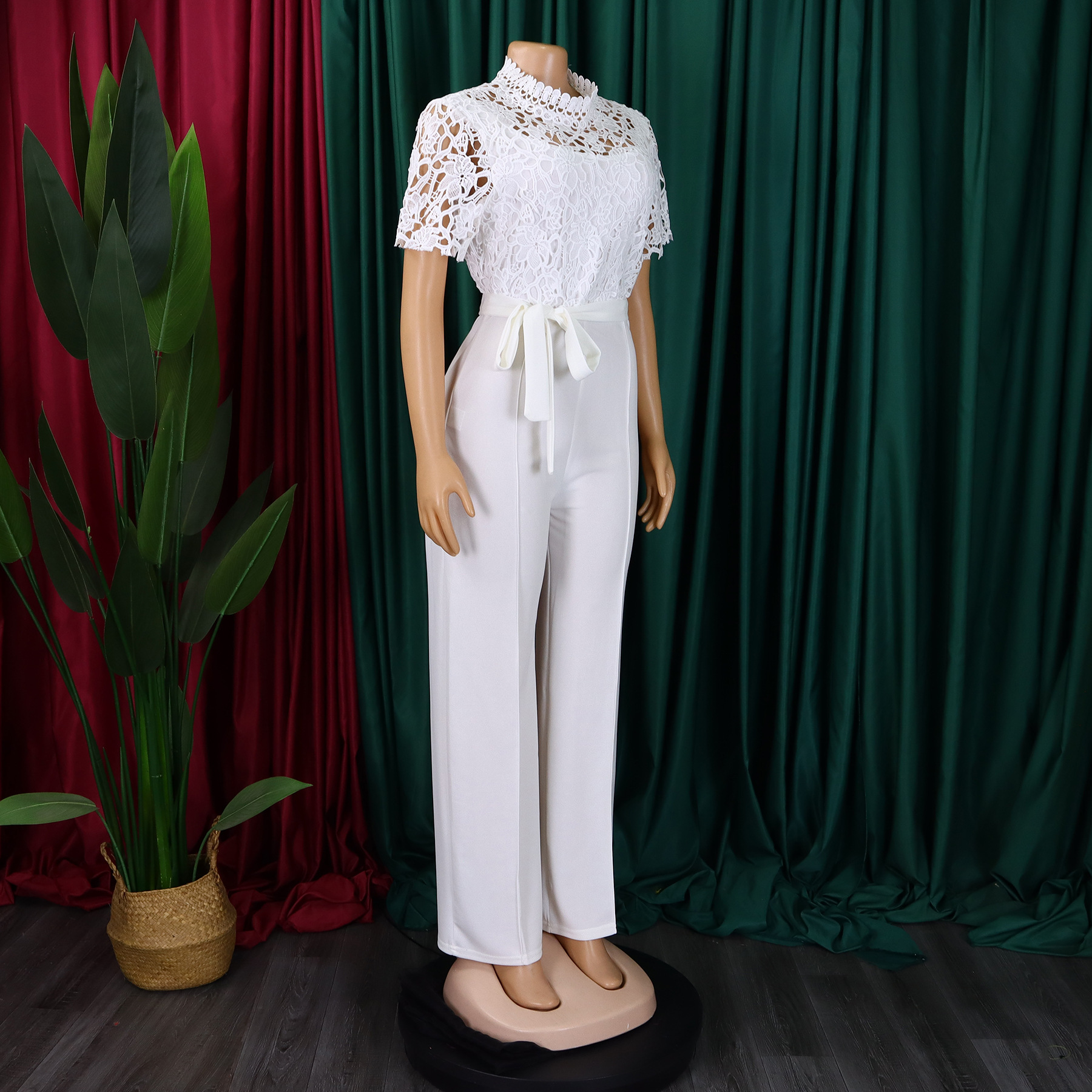 546g Weight Short Sleeve Sleeve Length Polyester Fabric Type High Waist Waist Line Jumpsuits Pants Type Daily Occasion Loose Fit Type Solid Color Pattern Summer Season Women's Gender Lace Design Casual Style Women's Daily Casual Solid Color Lace Jumpsuits 26