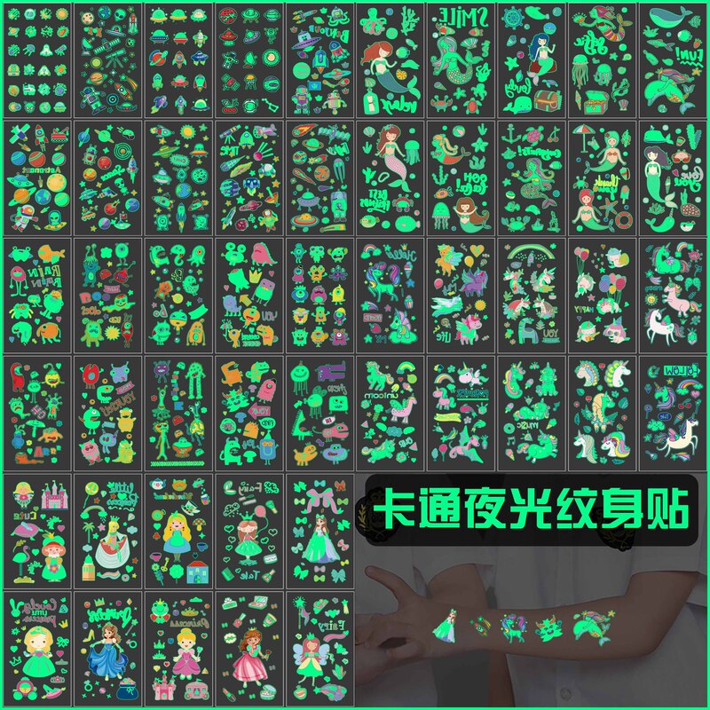Cross-Border In-Stock Student Glow-In-The-Dark Tattoo Stickers Cute Cartoon Dinosaur Mermaid Unicorn New Stickers Wholesale
