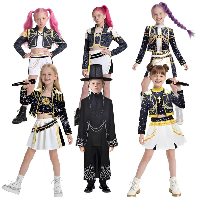 K-Pop Girl Group Costume for Kids, Rumi Black and Gold Zoe Mila Performance Outfit, Popular Anime Costume for Girls