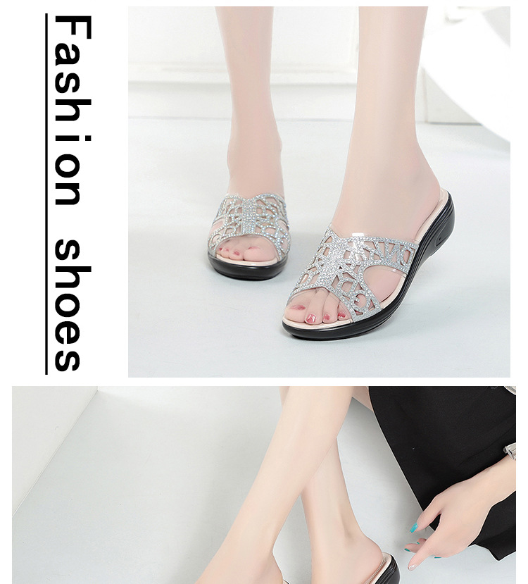 Dép xỏ ngón nữ đế bệt da thật đính đá rhinestone — Màu vàng chi tiết 7
