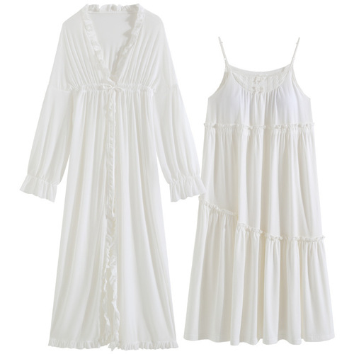 Women's Fall Pajama Set with Long Sleeve Robe, Braided Strap Dress, Court Style Sleepwear, French Net Gown, Wearable Homecoming Set