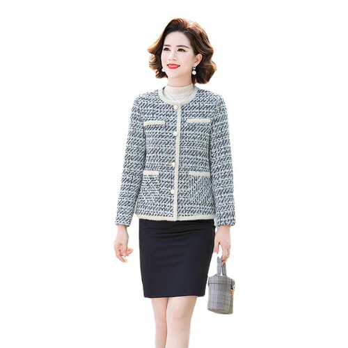 Qiao Yaying 40-50 years old middle-aged and elderly women's short top plaid small fragrant style large size mother's wear long-sleeved jacket