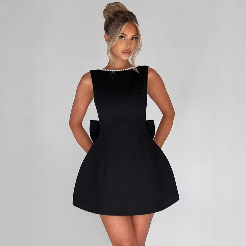 Aliexpress Cross-Border Summer Women's Fashion Pearl Bow Slim-Fit Short Dress with Backless A-Line Design