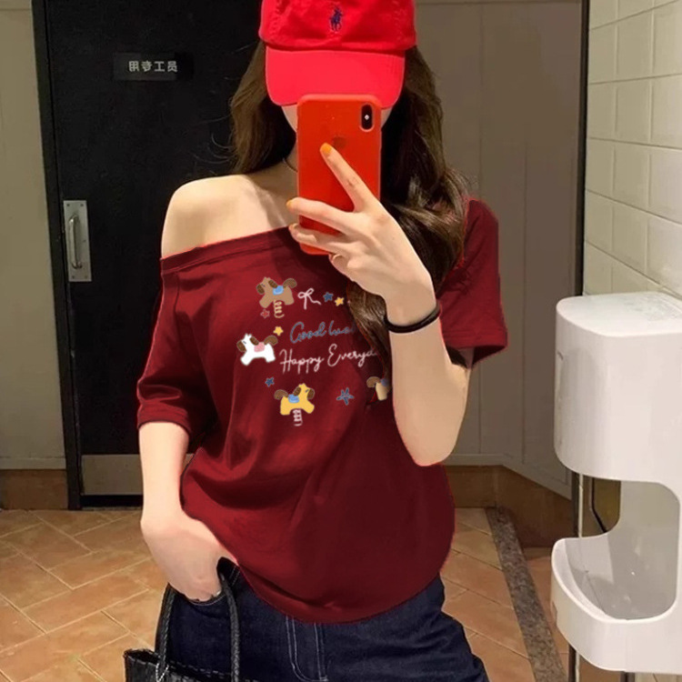 Burgundy Off-Shoulder Short-Sleeve T-Shirt for Women, New Summer Style with Cartoon Pony Print, Casual Loose Top for Women
