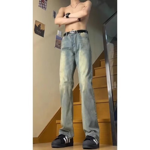 Men's denim jeans, water-washed distressed, cool-style, slightly tapered pants, suitable for spring and autumn, American high street, loose straight-leg casual pants