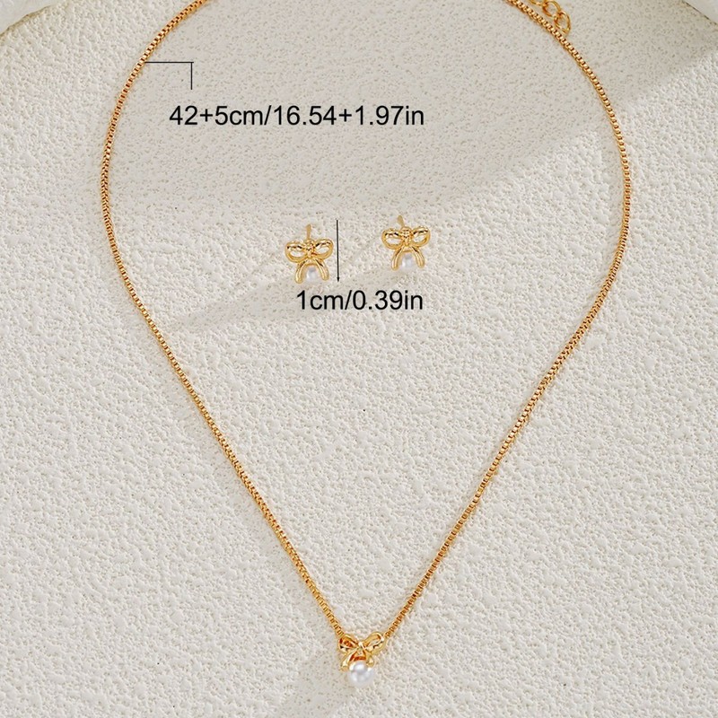 跨境欧美新款蝴蝶结珍珠镶嵌优雅轻奢项链耳环时尚通勤简约套装|undefined