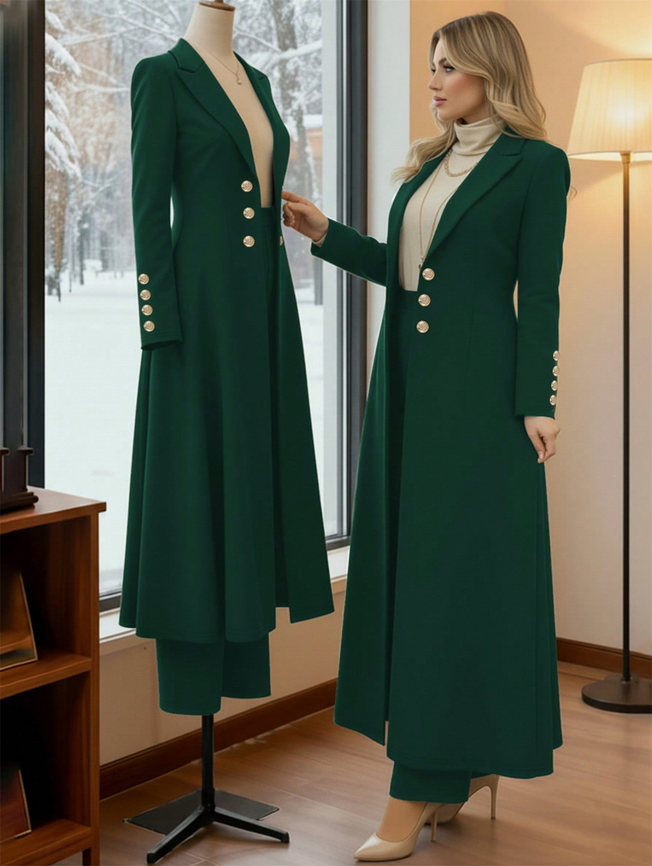 Plus Size Elegant Retro Style Suit Coat Casual Straight Leg Trousers Waist Cinching Long Coat Set_ecoleips.com