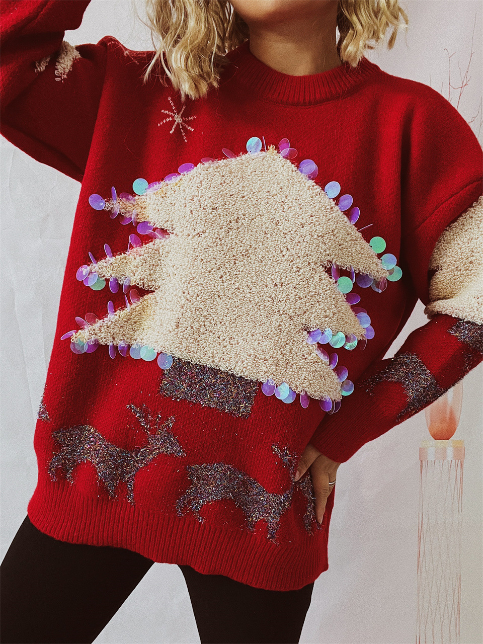 Women's Christmas Tree And Deer Sequined Pullover Sweater_voghion.com