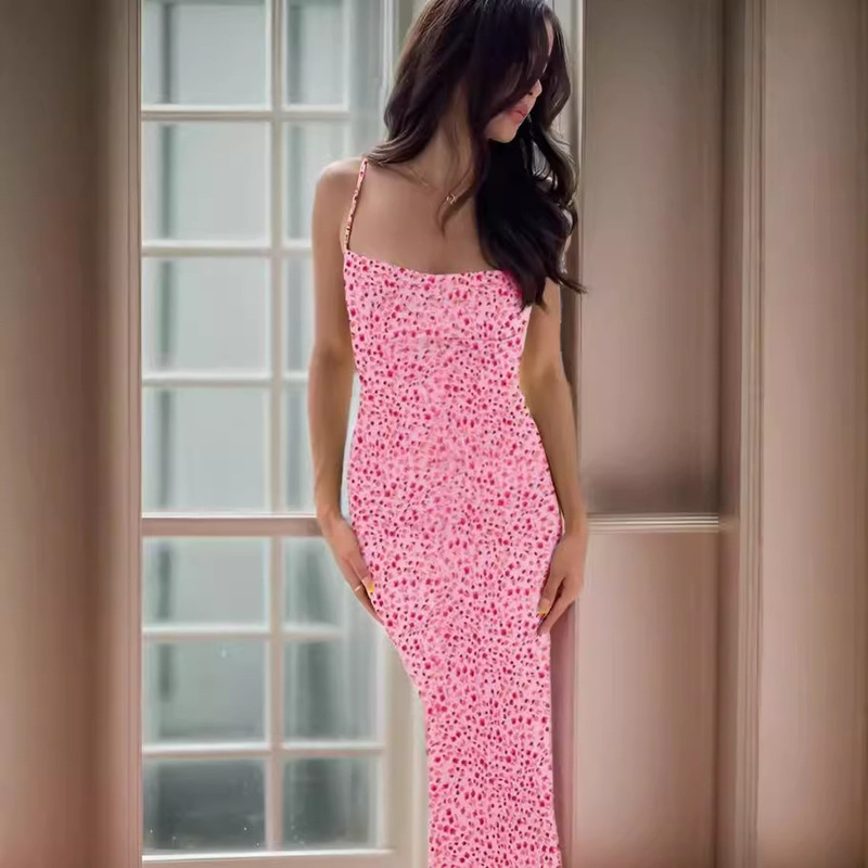 Women's 2024 Amazon TK Summer Flower Thin Shoulder Strap Super Long dress Sexy Tight Backless Strap Long Dress