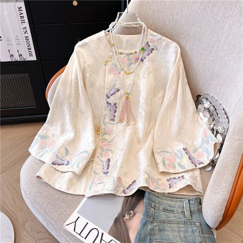 New Chinese-style buttoned three-quarter sleeve shirt for women, spring/summer, plus size, slimming, elegant, traditional Chinese style embroidered Tang suit top New Chinese-style buttoned three-quarter sleeve shirt for women, spring/summer, plus size, slimming, elegant, traditional Chinese style embroidered Tang suit top