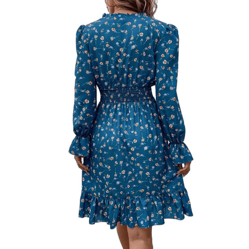 European and American women's clothing spring and summer fashionable floral V-neck printed long-sleeved chiffon dress