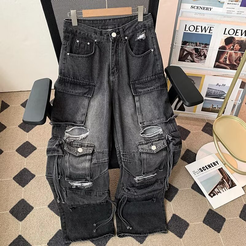 Street Heavy-Duty Multi-Pocket Lumberjack Cargo Pants for Men and Women, Straight-Leg Design, Ripped Raw Edges, Loose Wide-Leg Jeans