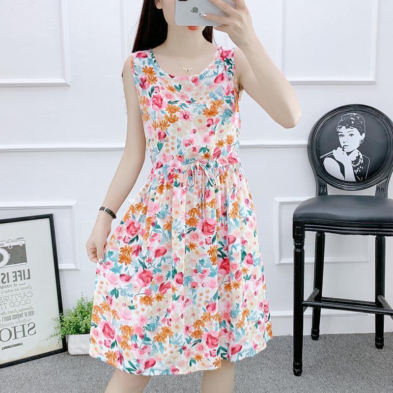Dark White Sleeveless Cotton Silk Nightgown for Women in Summer, Petite Floral Sweet Fashion Outerwear Artificial Cotton Pajama Dress for Home